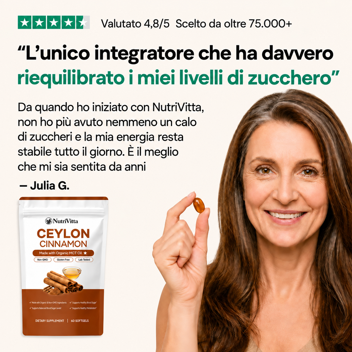 NutriVitta Cannella di Ceylon 7200 mg equivalente con olio MCT