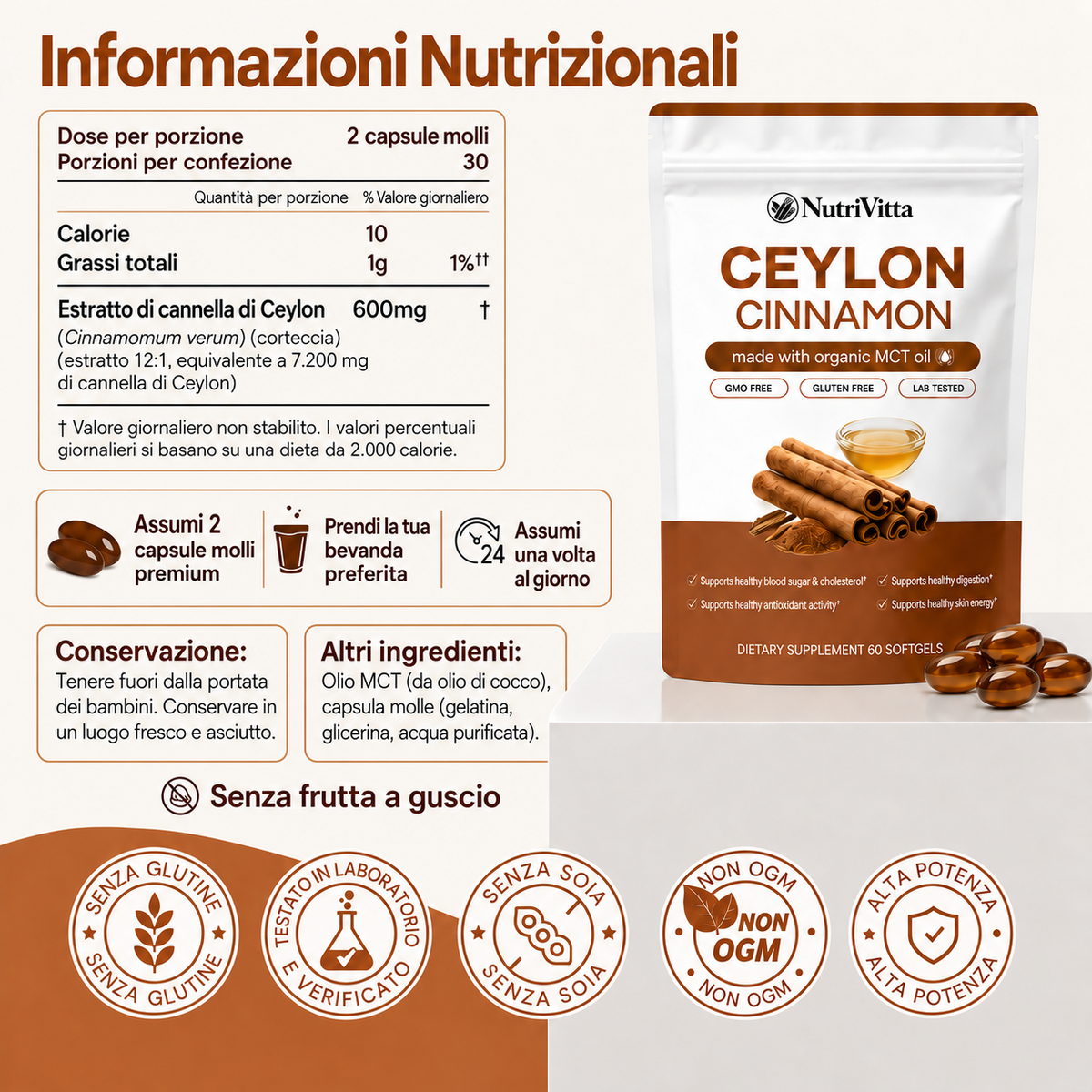 NutriVitta Cannella di Ceylon 7200 mg equivalente con olio MCT