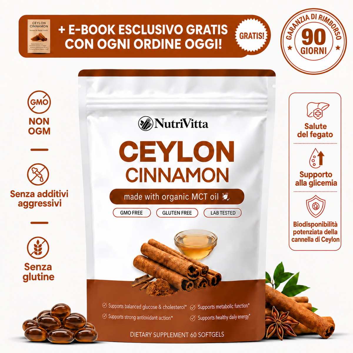 NutriVitta Cannella di Ceylon 7200 mg equivalente con olio MCT